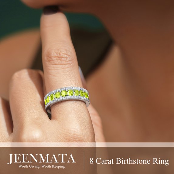 JeenMata 8 Carat Princess Cut - August Birthstone Eternity Ring in 18K White Gold Plating for Women - Stackable Wedding Anniversary Promise Band with Peridot Cubic Zirconia