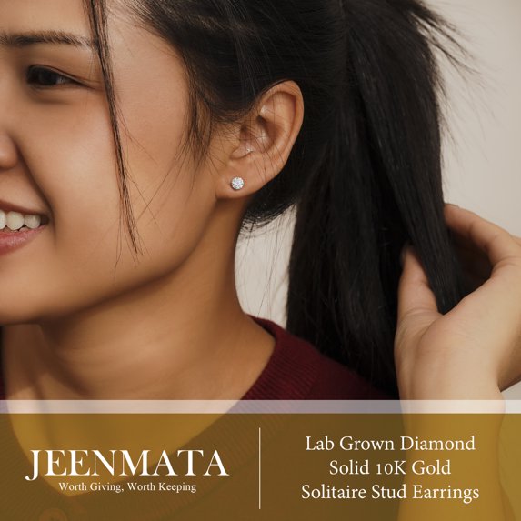 JeenMata Lab Grown Diamond Earrings 2 Carat Round Cut Real Solid 10K White Gold Solitaire Studs for Women