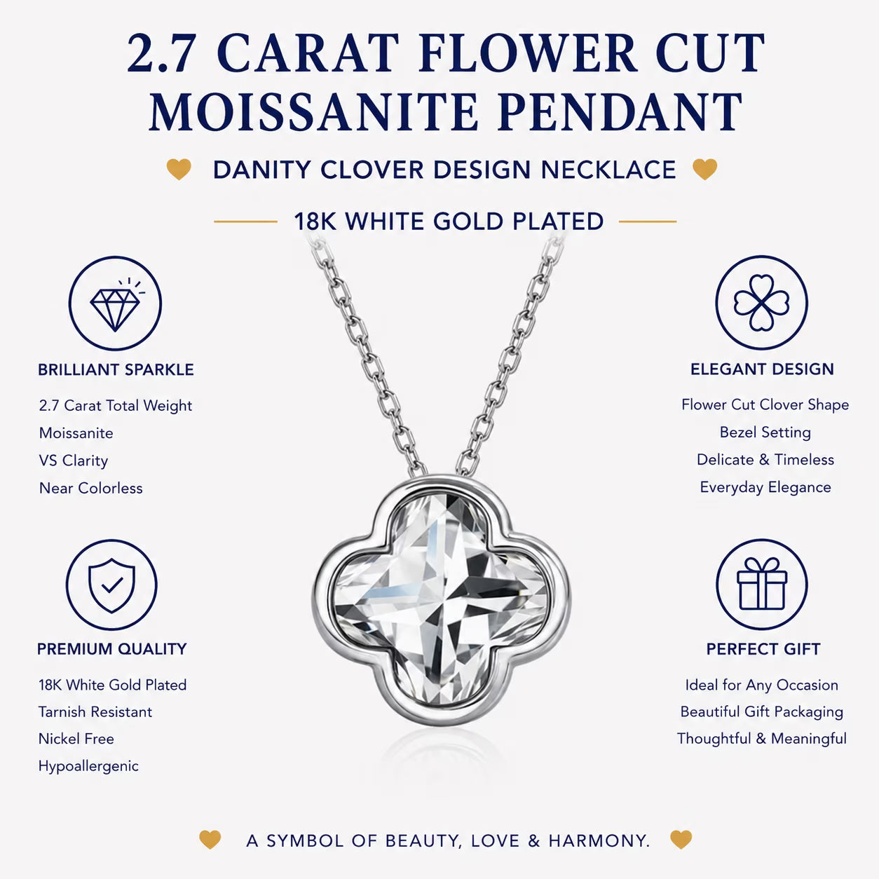 JeenMata 2.7 Carat Flower Cut Moissanite Pendant - Danity Clover Design Necklace in 18K White Gold Plated for Women