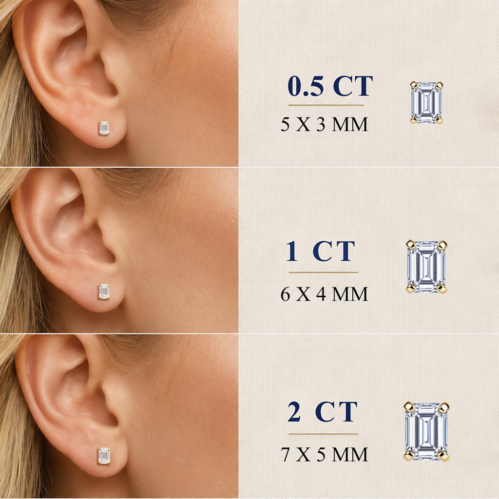 JeenMata 1 Carat Emerald Solitaire Moissanite Stud Earrings for Women, Earrings for Men, 18K Yellow Gold Plated, Hypoallergenic Earrings, D VS1, Stud Earring for Woman, Jewelry, Gift, Earrings