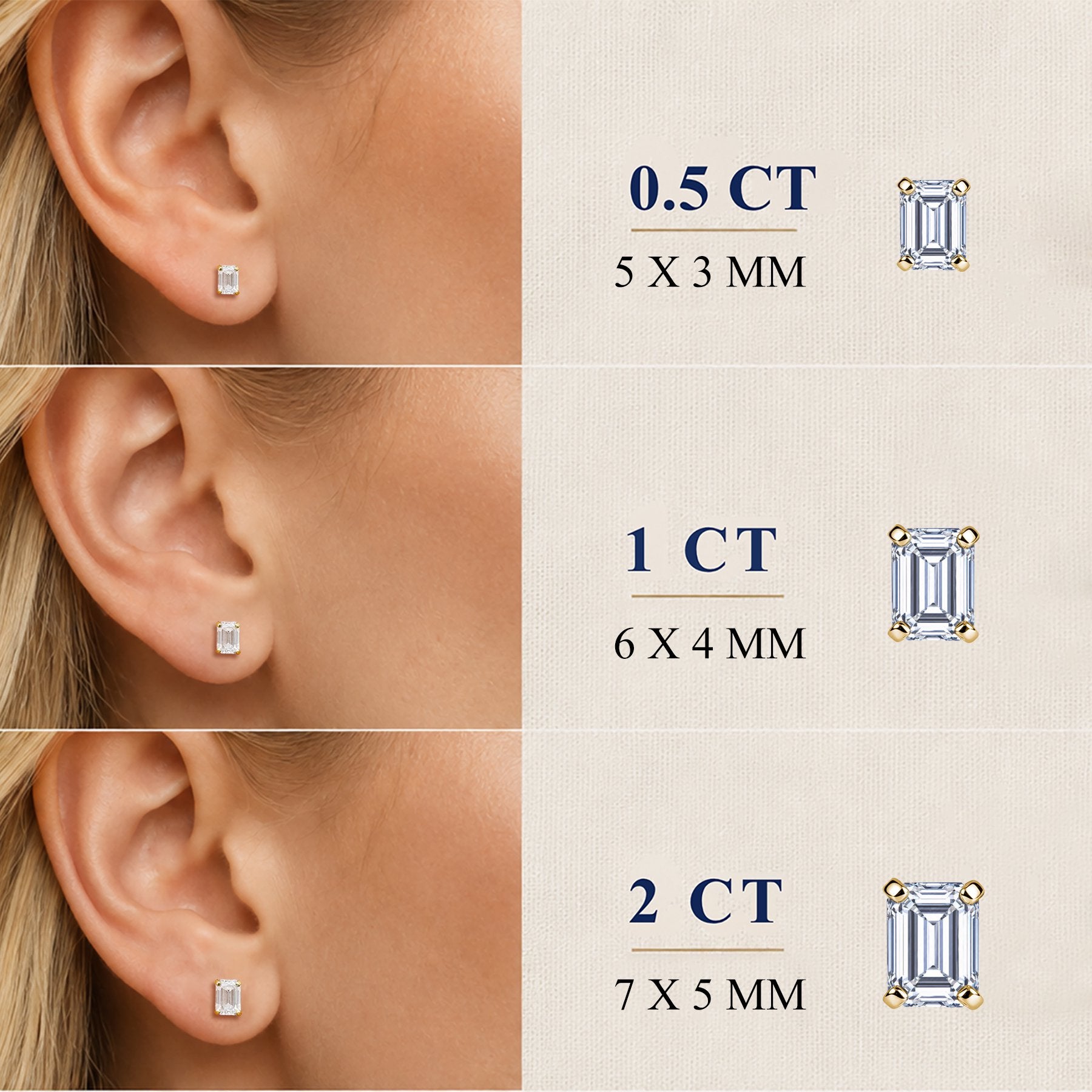 JeenMata 1 Carat Emerald Solitaire Moissanite Stud Earrings for Women, Earrings for Men, 18K Yellow Gold Plated, Hypoallergenic Earrings, D VS1, Stud Earring for Woman, Jewelry, Gift, Earrings