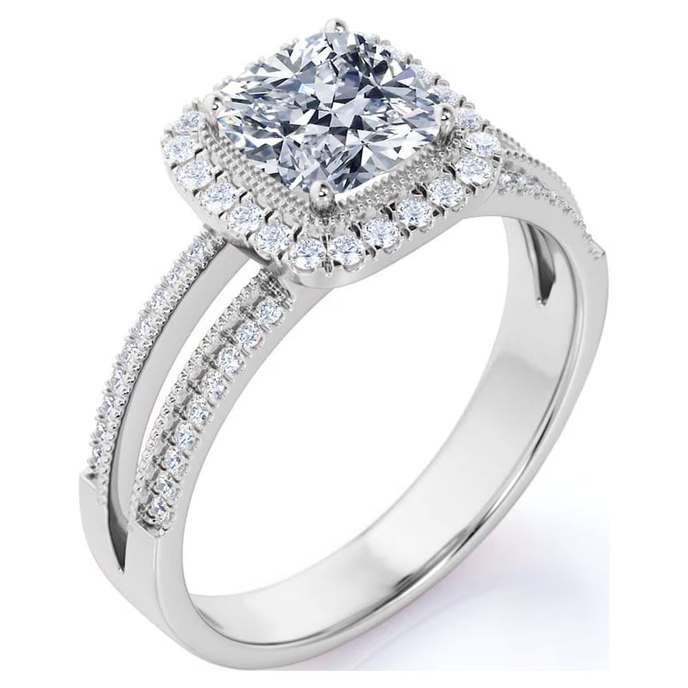 JeenMata 0.63 ct Cushion Cut Lab Grown Diamond - Vintage Style - Engagement Ring - Split Shank - Halo Ring - 10K White Gold