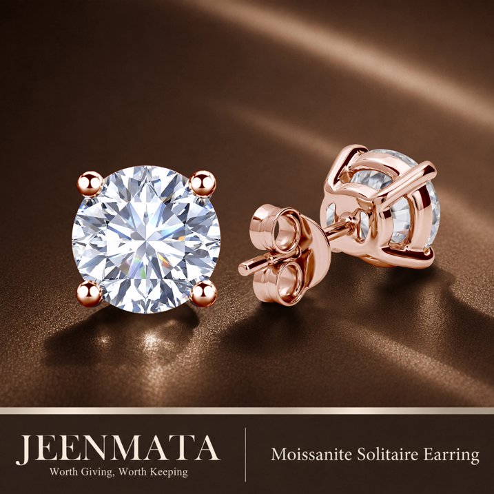 JeenMata 1 Carat Round Solitaire Moissanite Stud Earrings for Women, Earrings for Men, 18K Rose Gold Plated, Hypoallergenic Earrings, D VS1, Stud Earring for Woman, Jewelry, Gift, Earrings