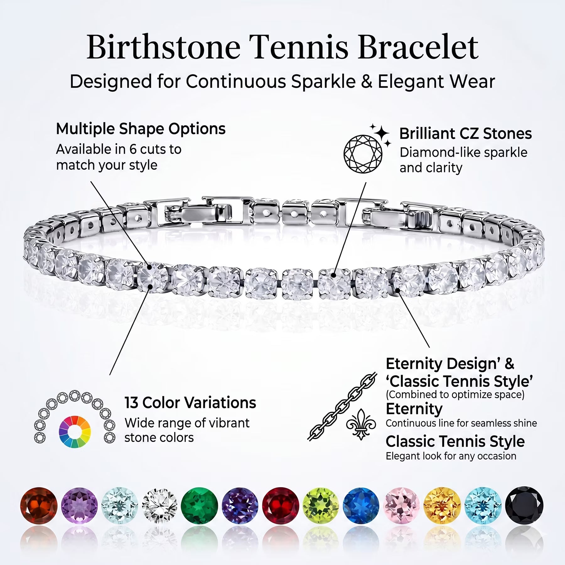 JeenMata 11 TCW December Blue Topaz - Round Cut Birthstone Tennis Bracelet for Women in Eternity Design - White Gold Plating, Female, Adult