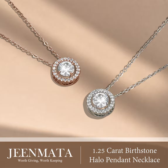 JeenMata Solitaire 1 Carat Round Cut - Moissanite - April Birthstone Halo Pendant Necklace 18k Rose Gold over Silver, Adult, Female