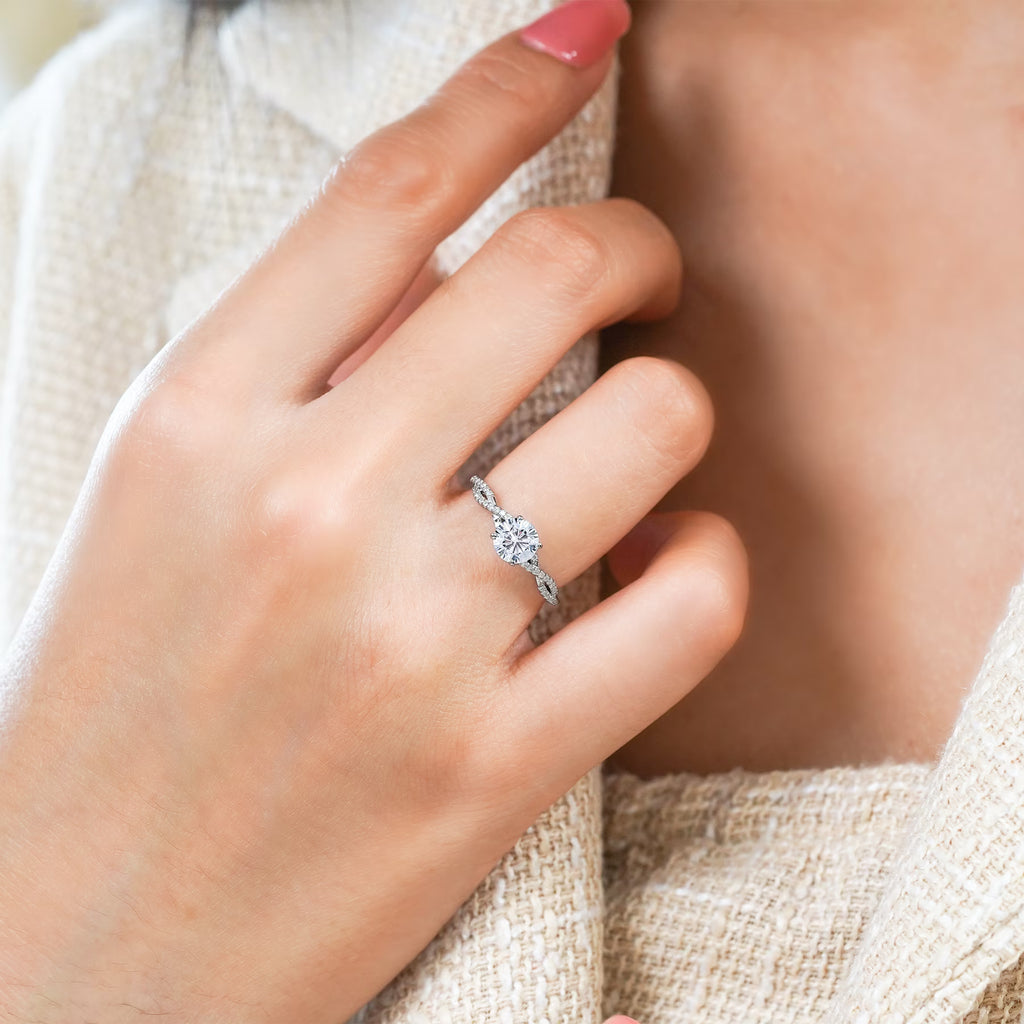 JeenMata 1 Carat infinity Round cut Moissanite Engagement Ring in 18K White Gold Plating for Women