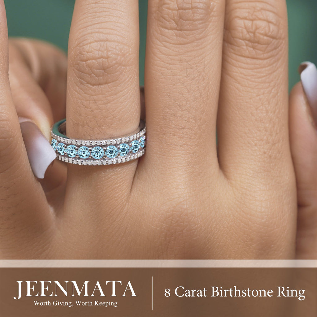 JeenMata 8 Carat Round Cut - March Birthstone Eternity Band Ring - Aquamarine Cubic Zirconia Halo Anniversary Wedding Band in 18K White Gold Plating for Women