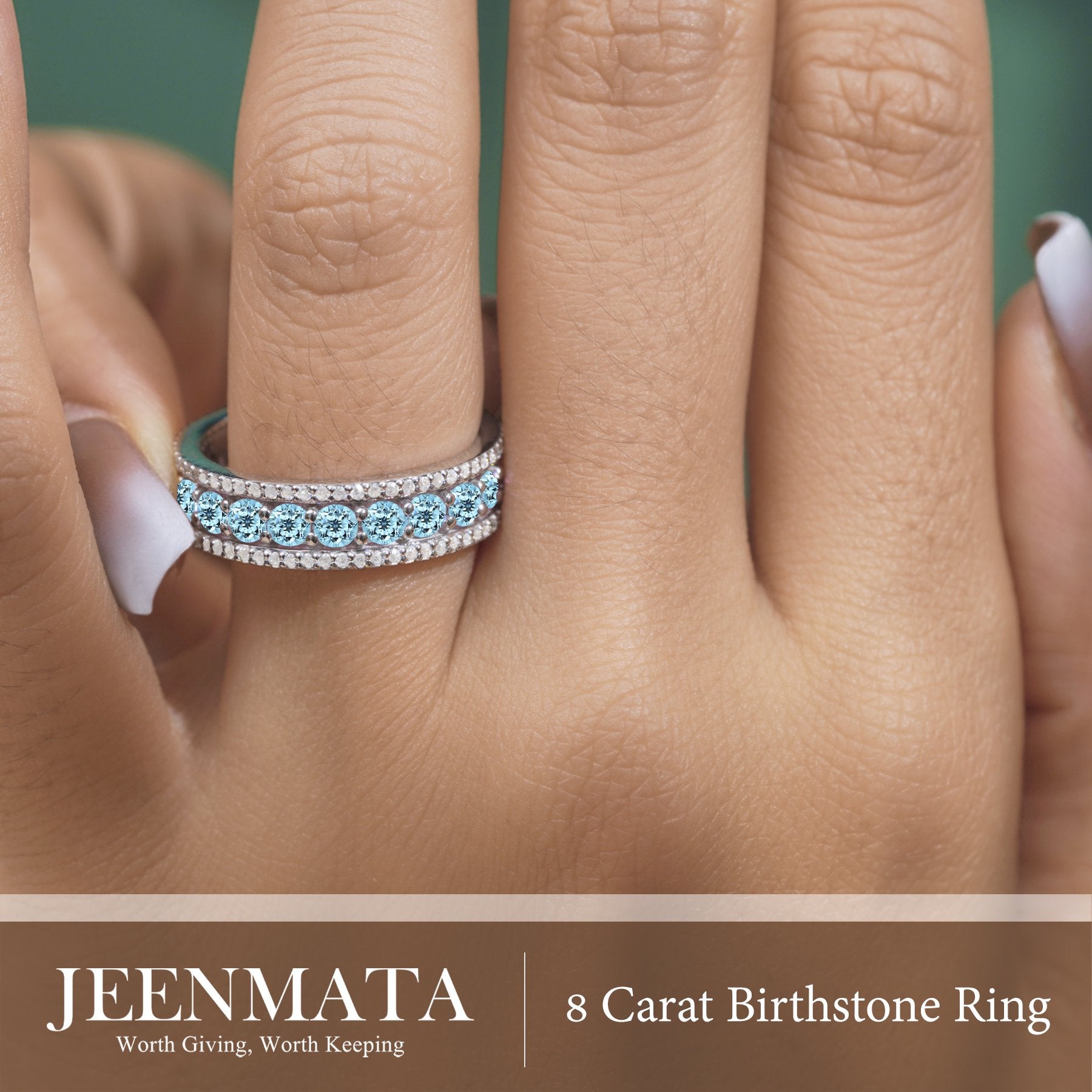 JeenMata 8 Carat Round Cut - March Birthstone Eternity Band Ring - Aquamarine Cubic Zirconia Halo Anniversary Wedding Band in 18K White Gold Plating for Women