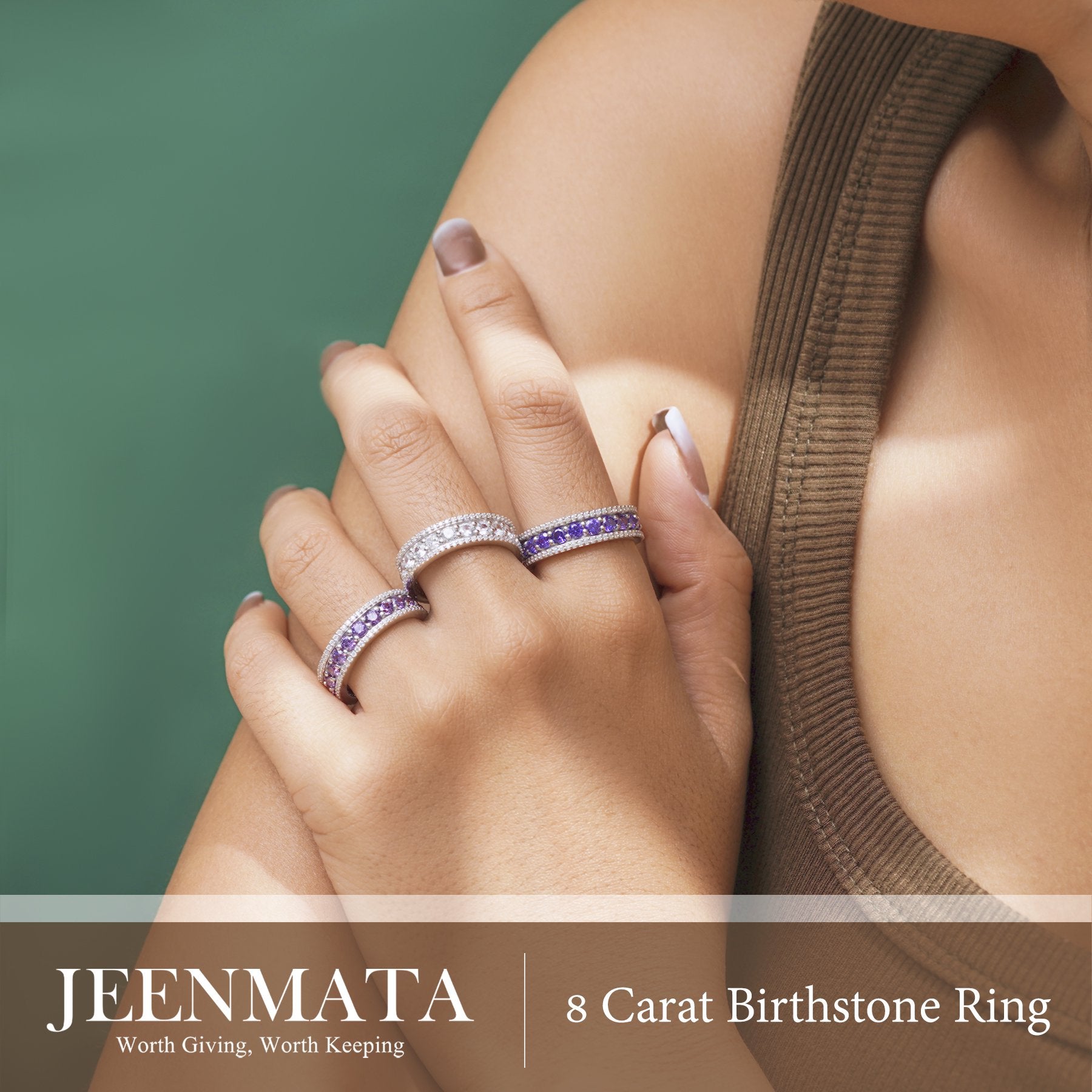 JeenMata 8 Carat Round Cut - May Birthstone Eternity Band Ring - Emerald Cubic Zirconia Halo Anniversary Wedding Band in 18K White Gold Plating for Women