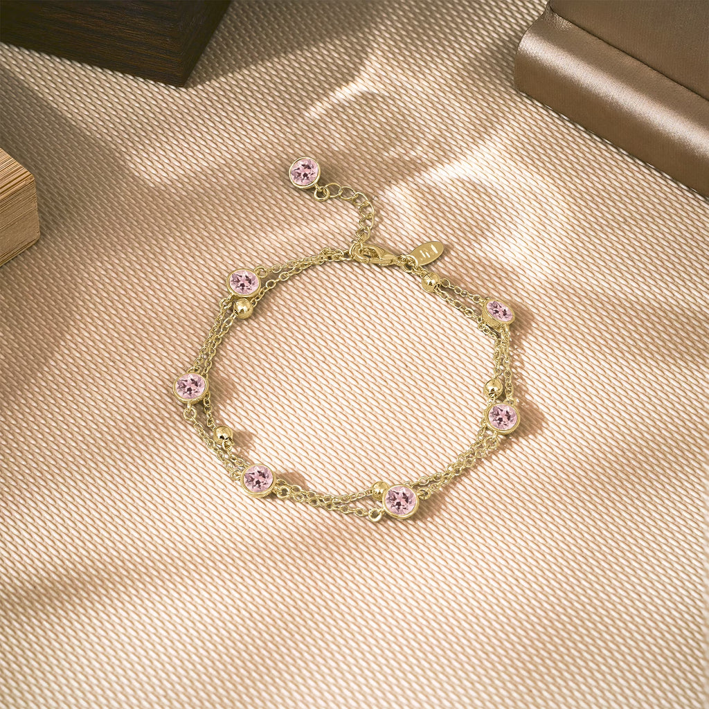 JeenMata 3.5 Carat October Pink Tourmaline Birthstone Double Layer Bracelet - in Yellow Gold Plating for Women