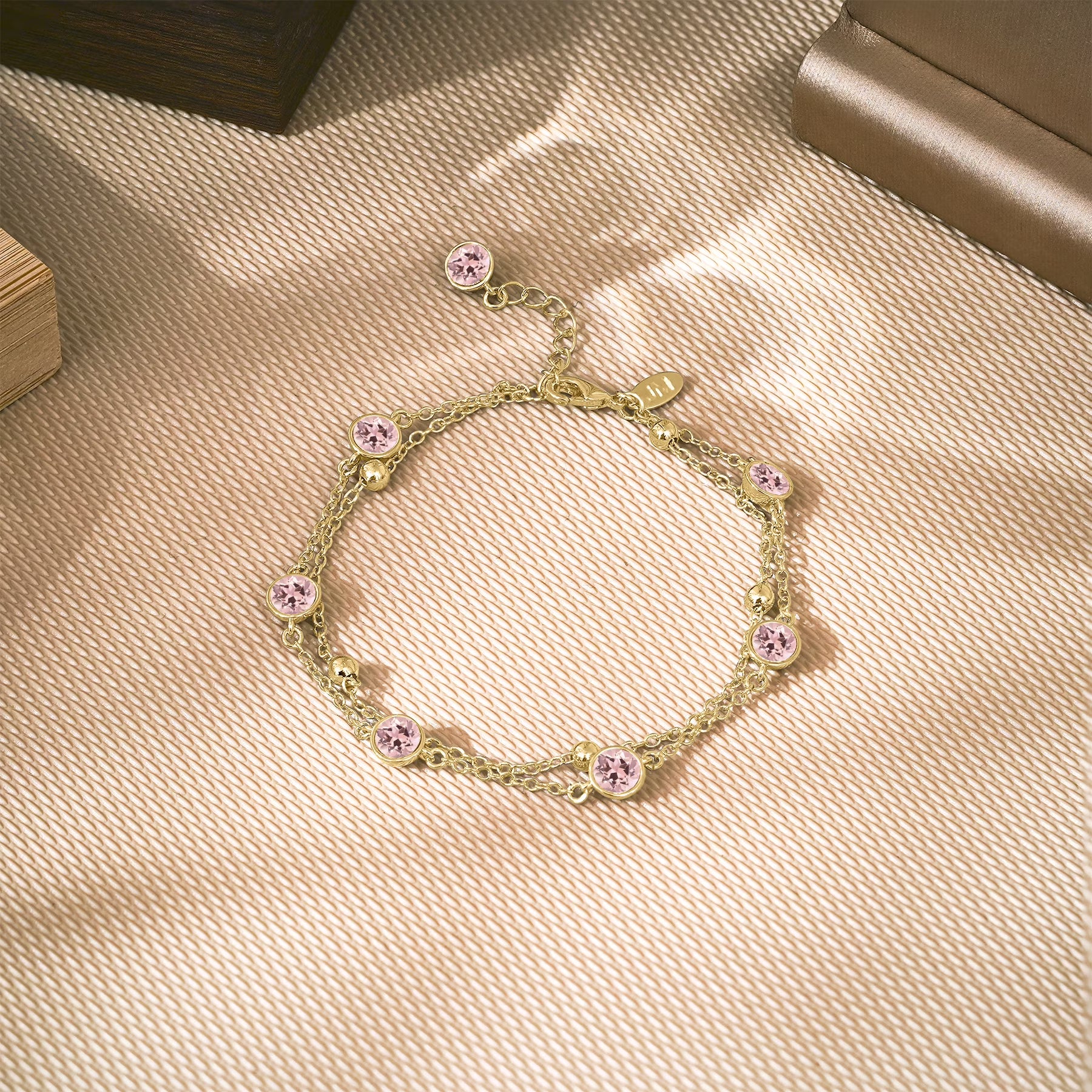 JeenMata 3.5 Carat October Pink Tourmaline Birthstone Double Layer Bracelet - in Yellow Gold Plating for Women