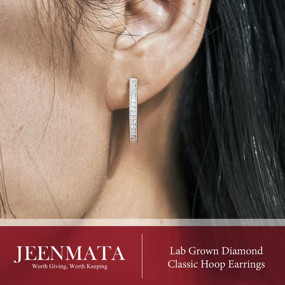 JeenMata Lab Grown Diamond Hoop Earrings - Round Cut Classic Earrings in White Gold Plating for Women