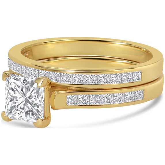 JeenMata 2 Carat Princess Cut Moissanite Wedding Set - Bridal Set - Channel Set Ring - Unique Ring - 18k Yellow Gold Over Silver