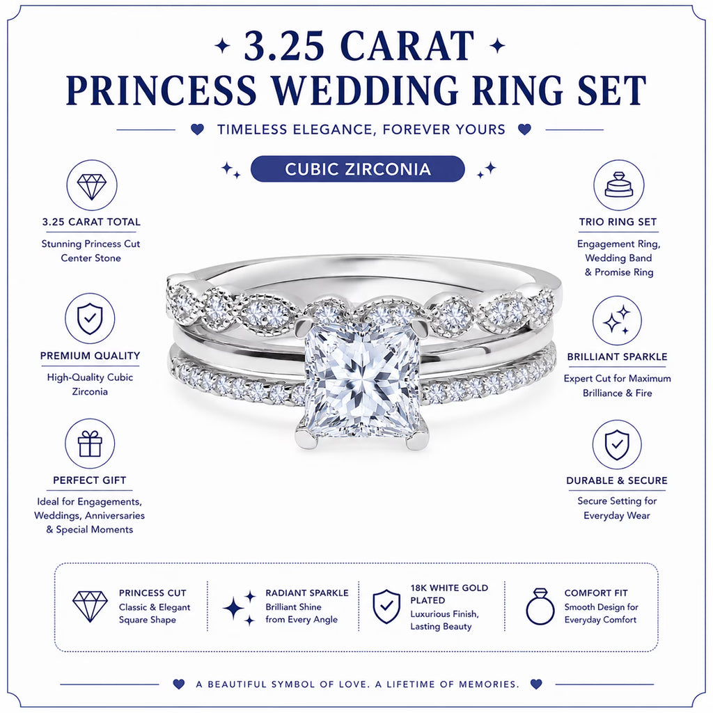 JeenMata 3.25 Carat Princess Wedding Ring Set - Bridal Set - Wedding Trio Set - Engagement Ring - Art Deco Ring - Promise Ring - Sterling Silver