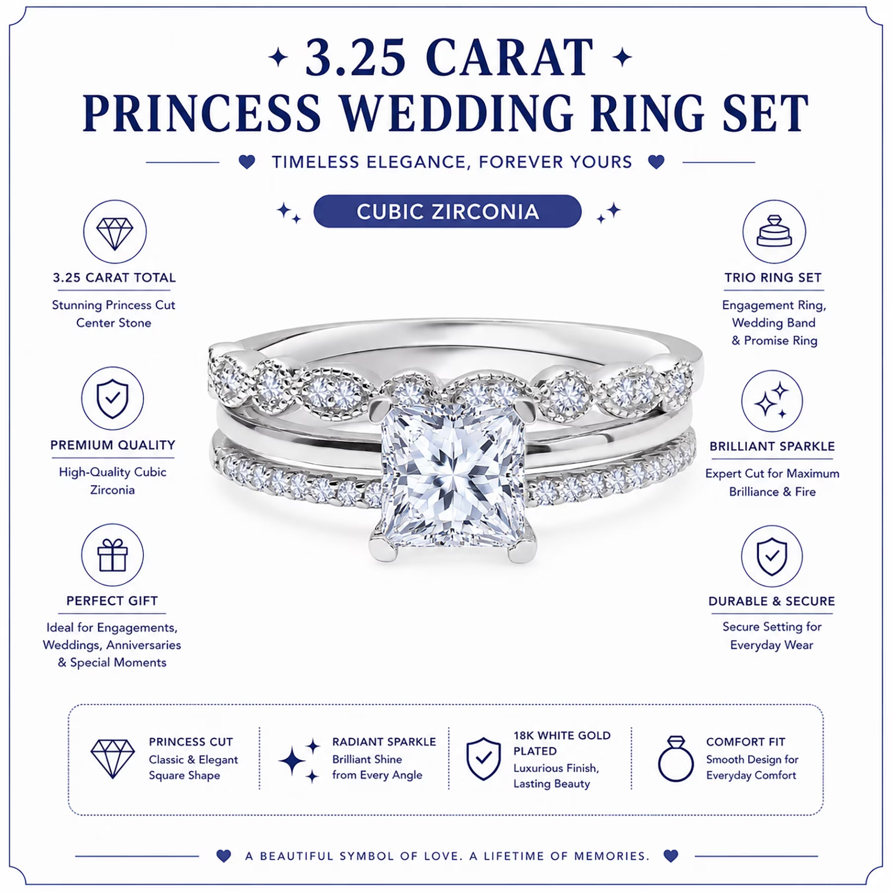 JeenMata 3.25 Carat Princess Wedding Ring Set - Bridal Set - Wedding Trio Set - Engagement Ring - Art Deco Ring - Promise Ring - Sterling Silver