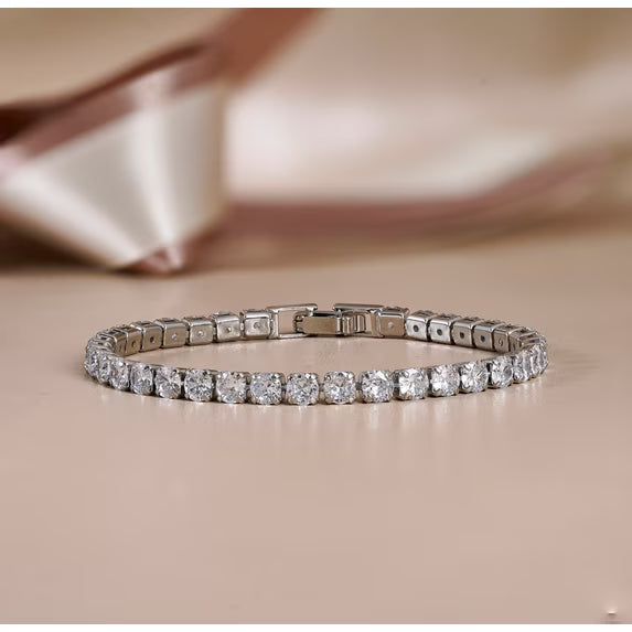 JeenMata Classic 5.5 TCW Round Cut Moissanite Tennis Bracelet Eternity Design in 18K White Gold over Silver