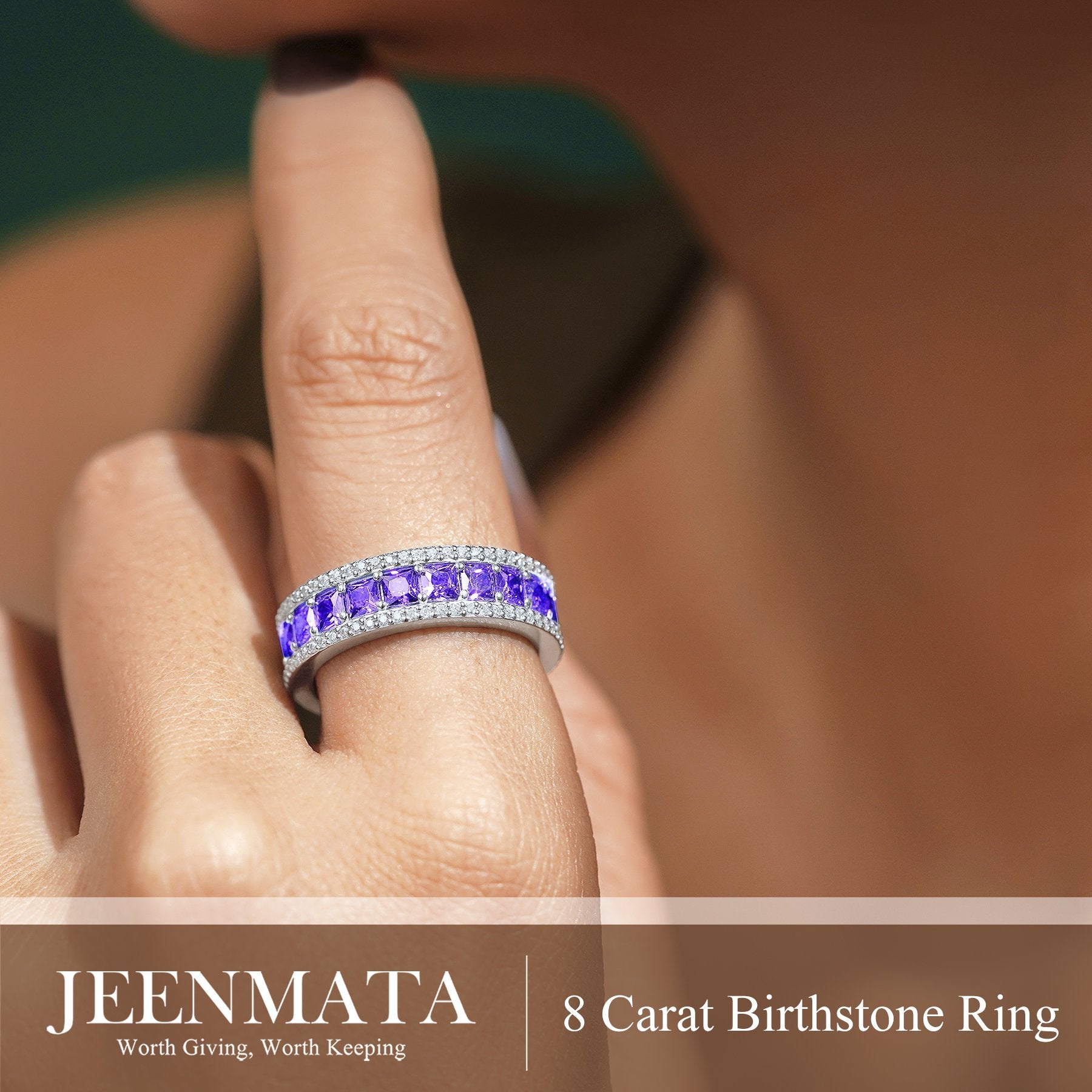 JeenMata 8 Carat Princess Cut - February Birthstone Eternity Ring in 18K White Gold Plating for Women - Stackable Wedding Anniversary Promise Band with Amethyst Cubic Zirconia