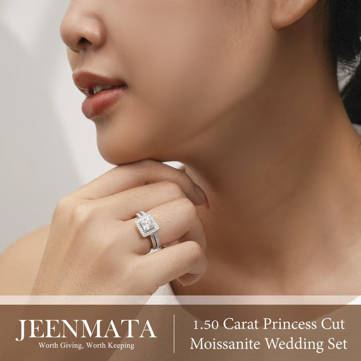JeenMata 1.5 Carat Princess Cut Moissanite Wedding Set - Bridal Set - Milgrain Ring - Vintage Ring - Halo Ring - 18K White Gold Plating for Women