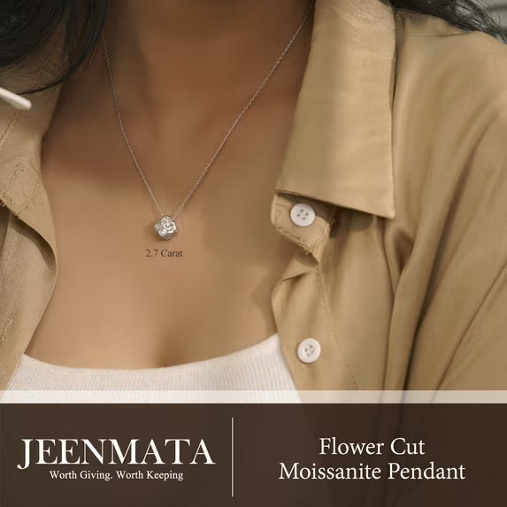JeenMata 2.7 Carat Flower Cut Moissanite Pendant - Danity Clover Design Necklace in 18K White Gold Plated for Women