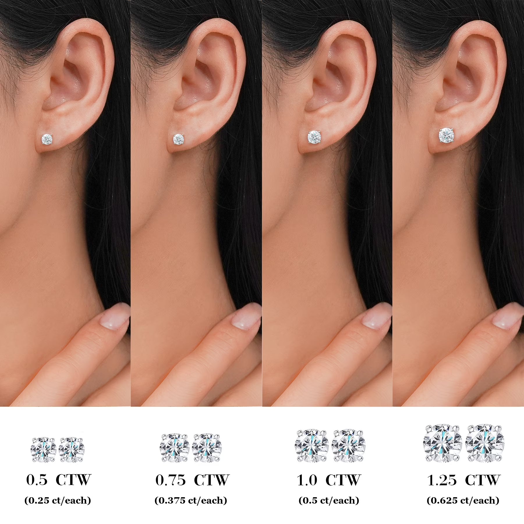 JeenMata Lab Grown Diamond Earrings 1.25 Carat Round Cut 18K Yellow Gold Plated Solitaire Studs for Women