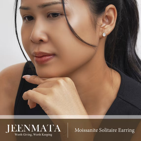 JeenMata 2 Carat Pear Cut Moissanite Minimalist Solitaire Stud Earrings in 18k Yellow Gold Plating for Women