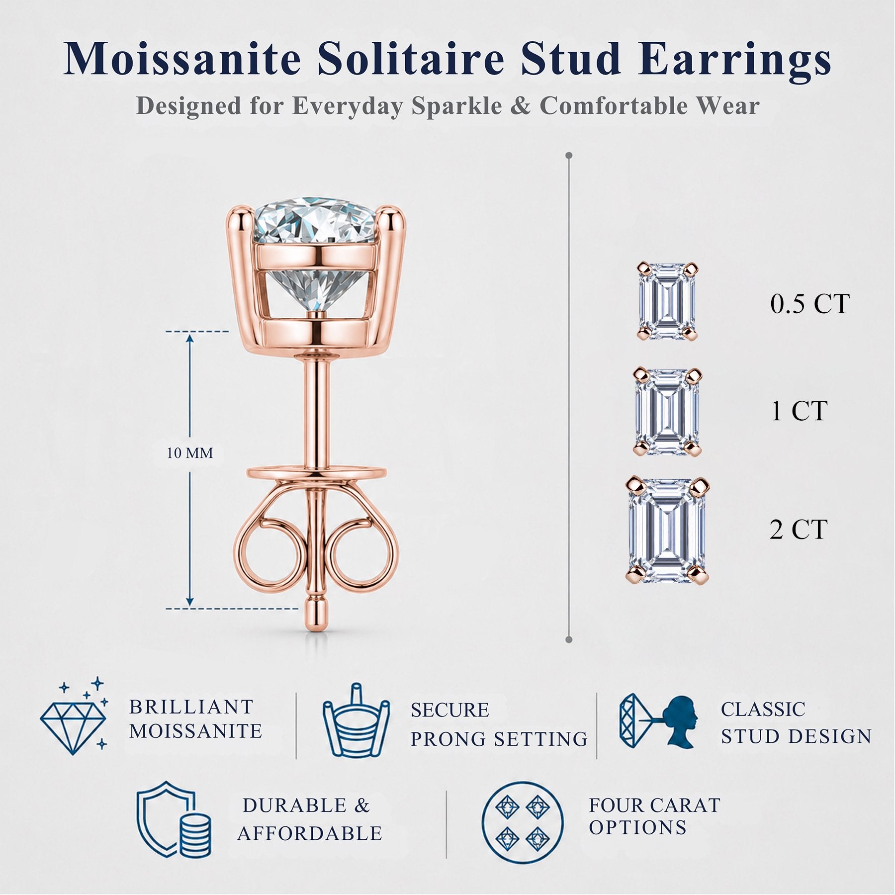 JeenMata 0.5 Carat Emerald Solitaire Moissanite Stud Earrings for Women, Earrings for Men, 18K Rose Gold Plated, Hypoallergenic Earrings, D VS1, Stud Earring for Woman, Jewelry, Gift, Earrings