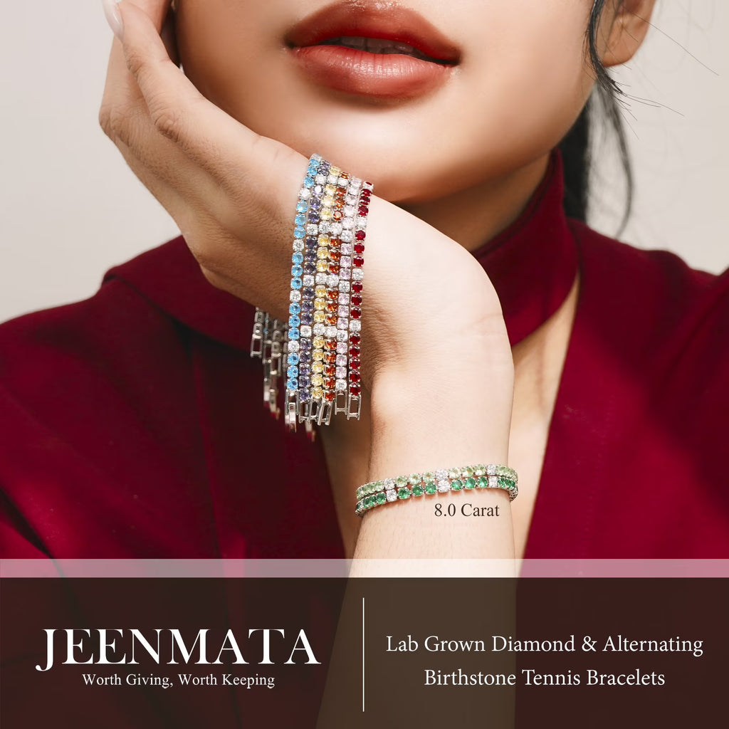 JeenMata 8 Carat Lab Grown Diamond & Garnet Alternating Birthstone Tennis Bracelets - 18K White Gold Plating for Women Eternity Design Bracelet
