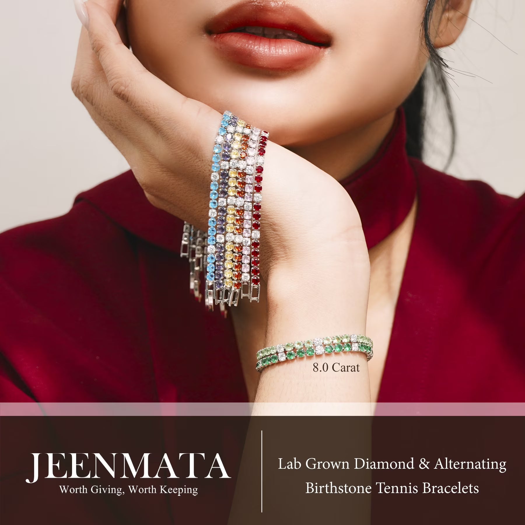 JeenMata 8 Carat Lab Grown Diamond & Garnet Alternating Birthstone Tennis Bracelets - 18K White Gold Plating for Women Eternity Design Bracelet