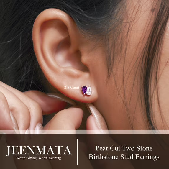 JeenMata 2.5 Carat Pear Cut February Birthstone Stud Earring - Amethyst & Cubic Zirconia Two Stone Earrings in 18K White Gold Plating Gift for Women