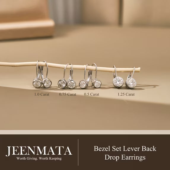 JeenMata 1 Carat Lab Grown Diamond Bezel Set Leverback Drop Earring - in 18K White Gold Plating Earrings for Women, Gift for Girlfriend, Mother, Her