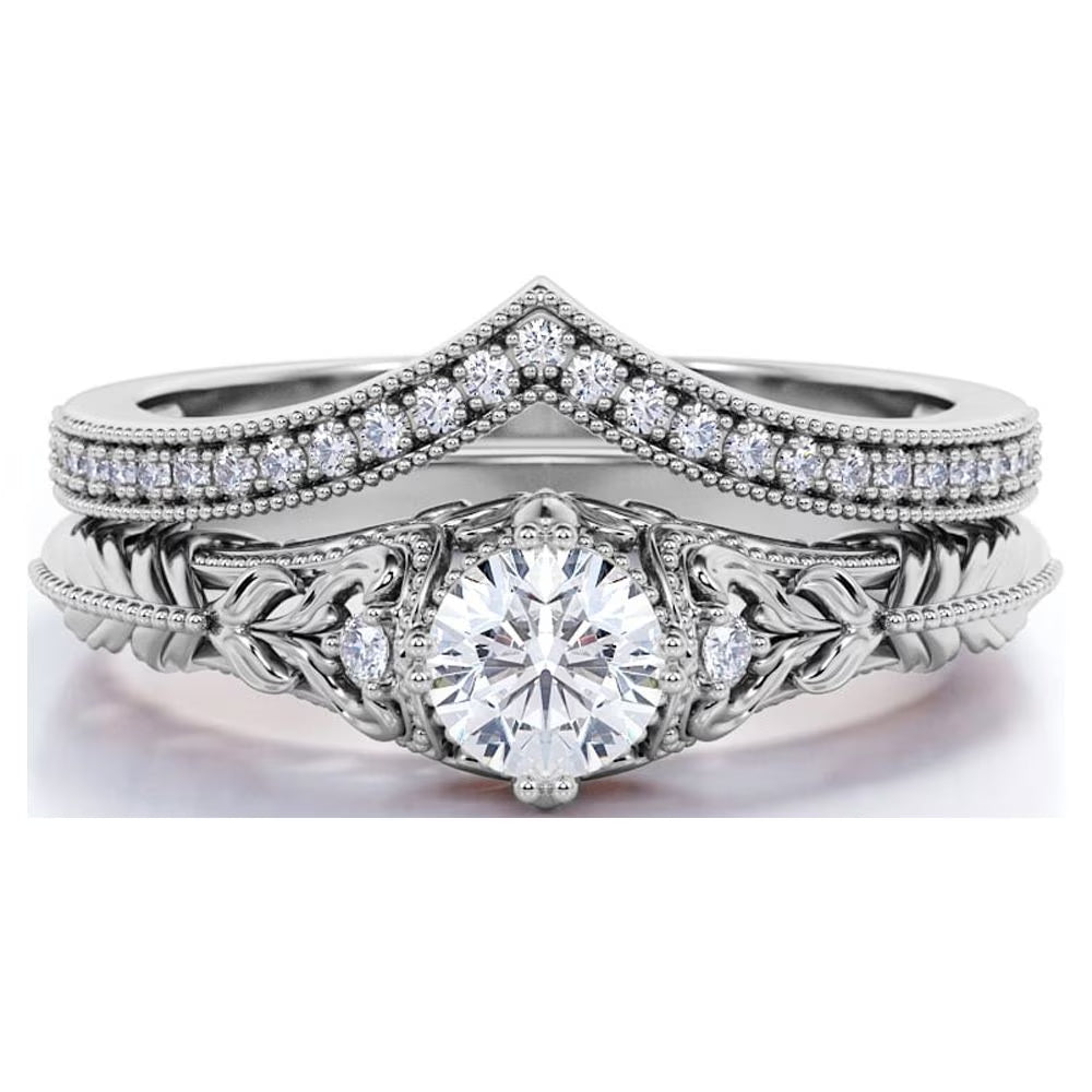 JeenMata Engraved 0.75 Carat Round Cut Lab Grown Diamond Victorian-Inspired Wedding Ring Set with Chevron Wedding Band in 10k White Gold