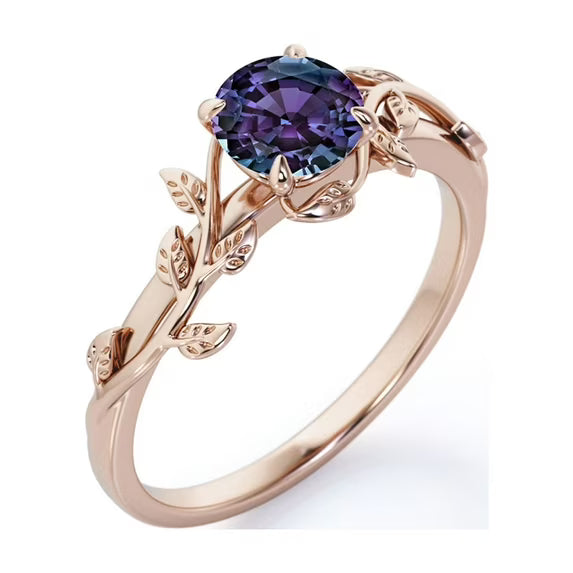 JeenMata 0.50 Carat - Round Cut Lab Created Alexandrite Ring - Leaf & Vine Engagement Ring - 18K Black Gold Plating for Women