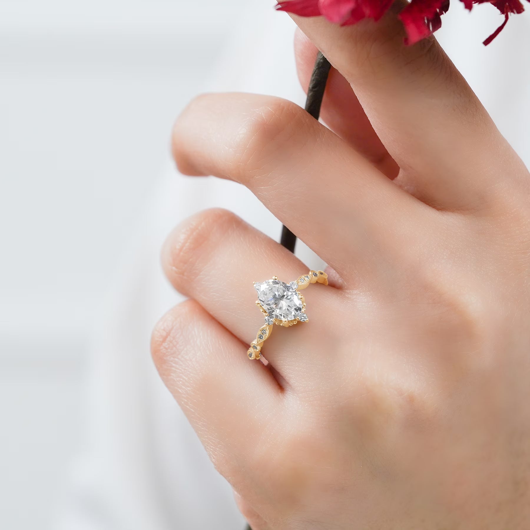 JeenMata 1.5 Carat Moissanite Oval Shape - Vintage Filigree Bezel 5-Stone Milgrain Decorative Engagement Ring In 18K Yellow Gold Plating for Women
