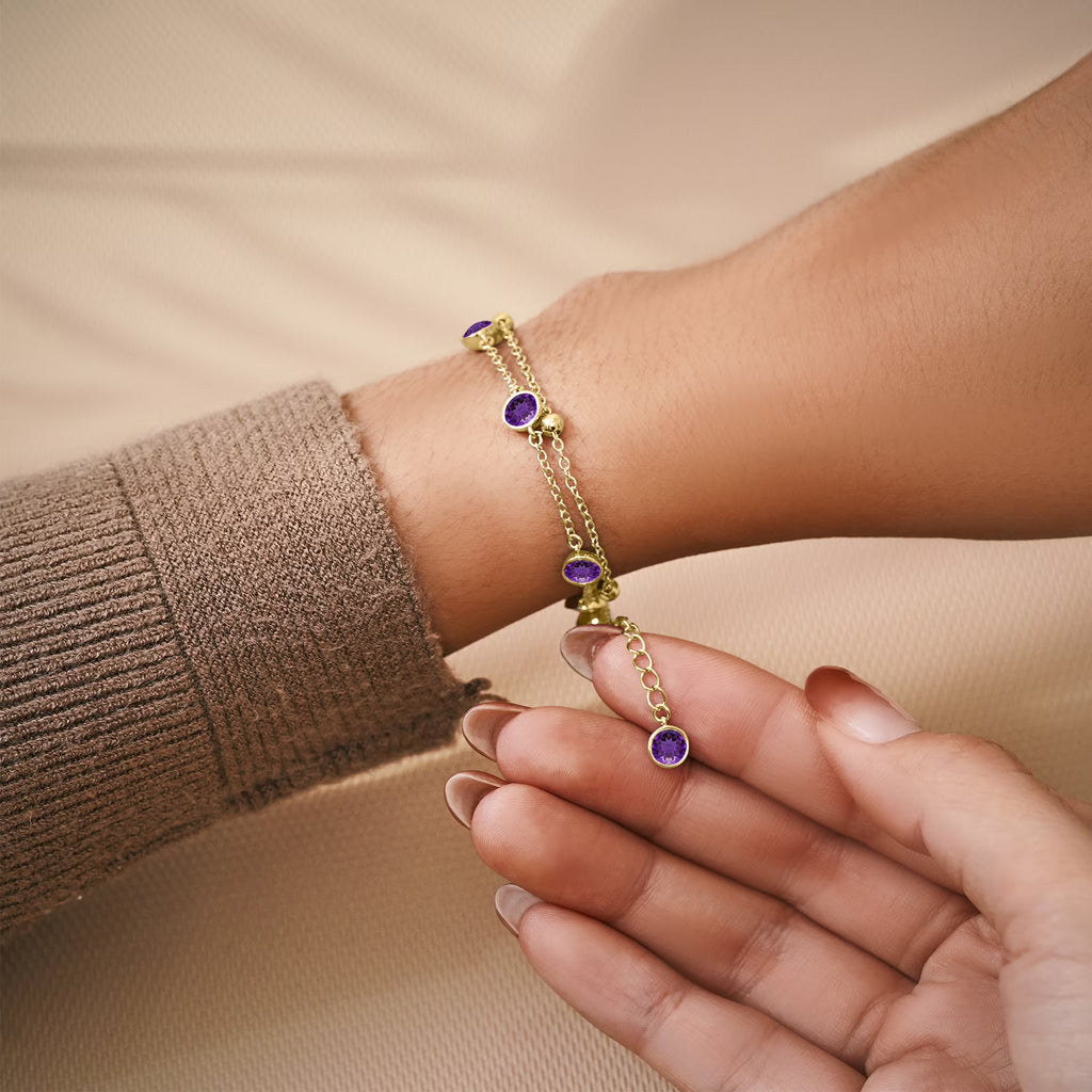 JeenMata 3.5 Carat February Amethyst Birthstone Double Layer Bracelet - in Yellow Gold Plating for Women