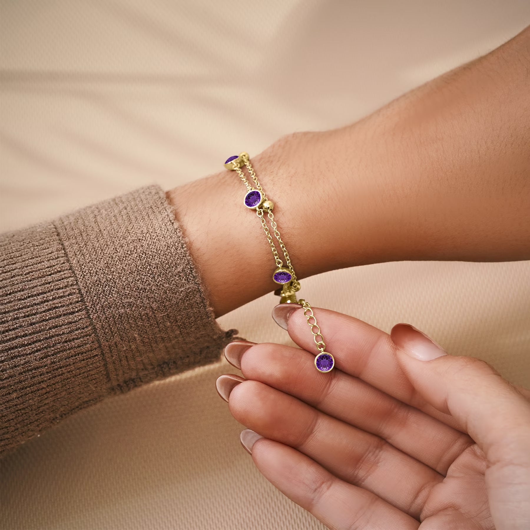 JeenMata 3.5 Carat February Amethyst Birthstone Double Layer Bracelet - in Yellow Gold Plating for Women