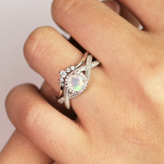 JeenMata 1 Carat Vintage Round Cut Blue Lab Created Opal and Moissanite Wedding Ring Set in 18K White Gold Plating for Women