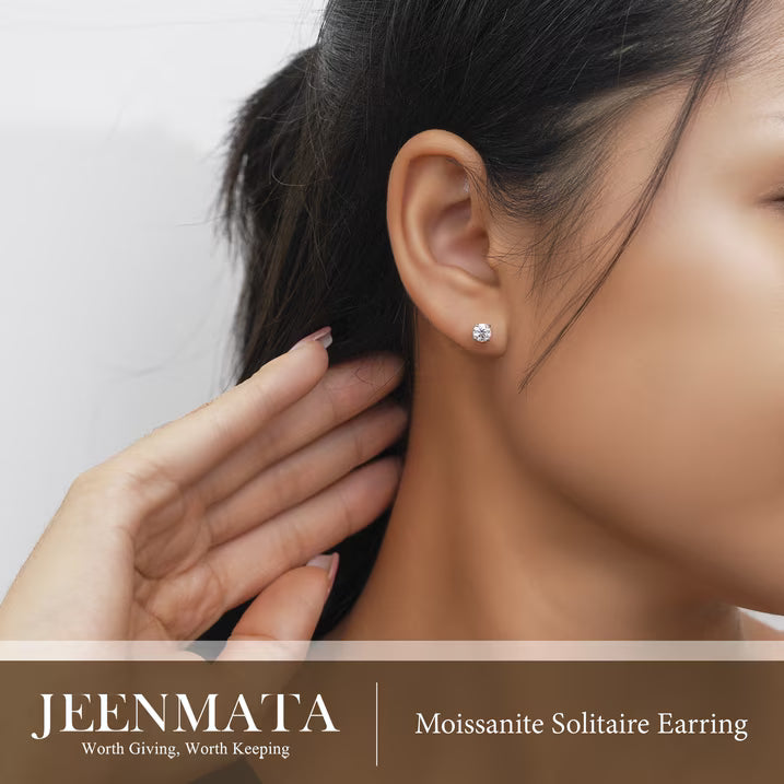 JeenMata 4 Prong 0.5 Carat Round Shaped Moissanite Solitaire Stud Earrings in 18k White Gold Plating for Women