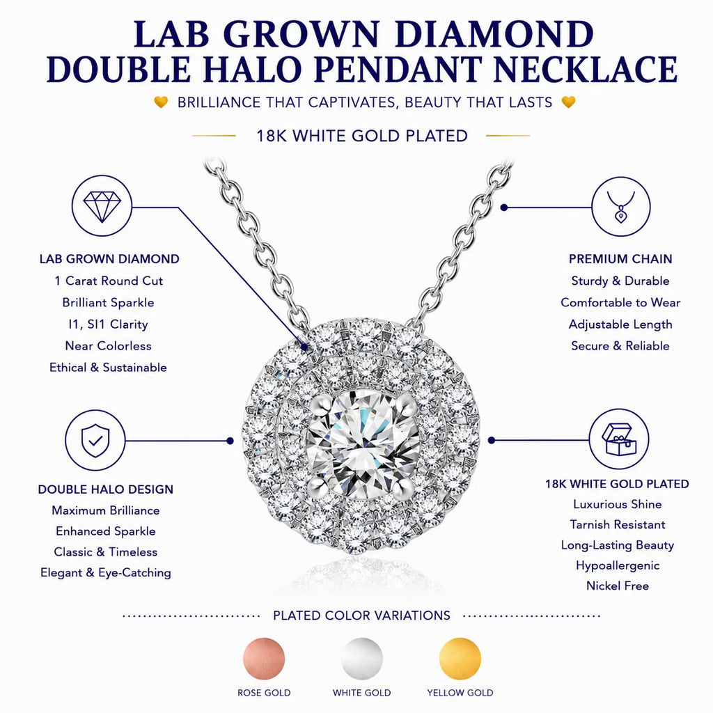JeenMata Lab Grown Diamond 1 Carat Round Cut Double Halo Pendant Necklace in 18K Yellow Gold Plating for Women