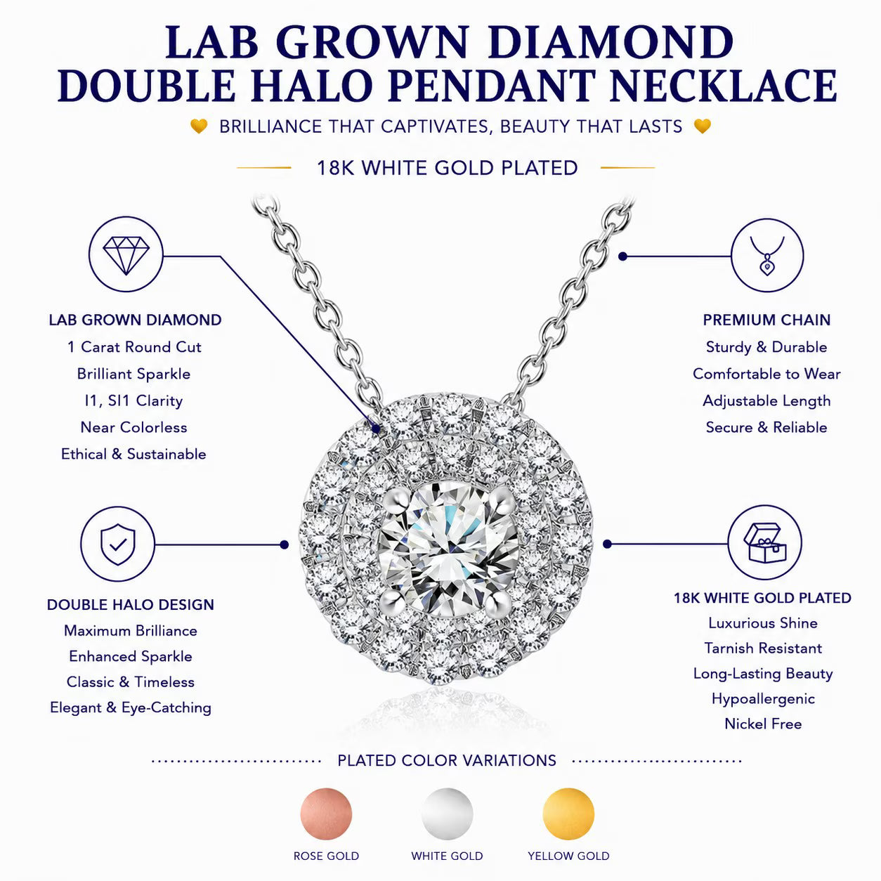 JeenMata Lab Grown Diamond 1 Carat Round Cut Double Halo Pendant Necklace in 18K White Gold Plating for Women