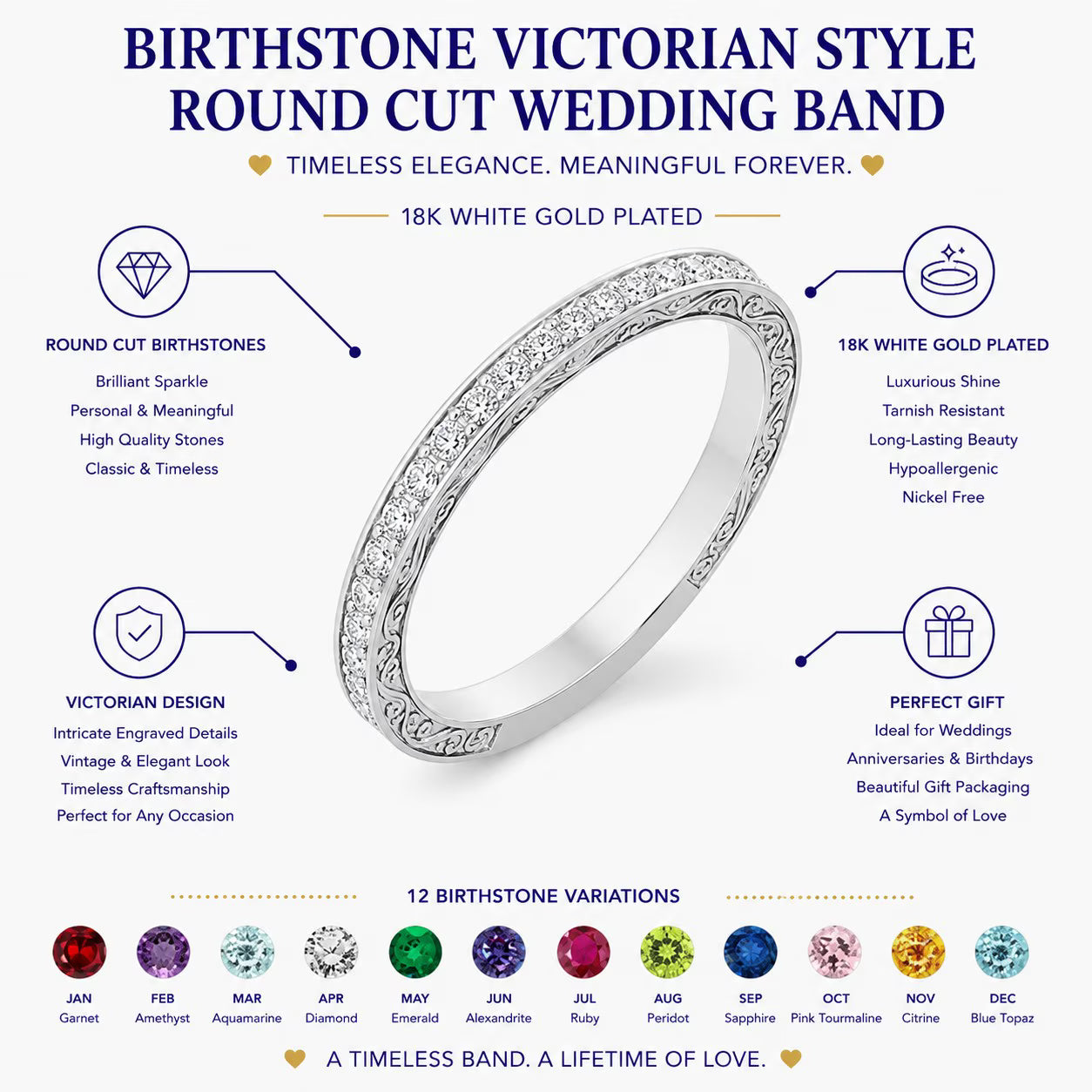 JeenMata Art-Deco 0.25 Carat April Birthstone Victorian Style Round Cut Wedding Band in 18K Yellow Gold Plating for Women