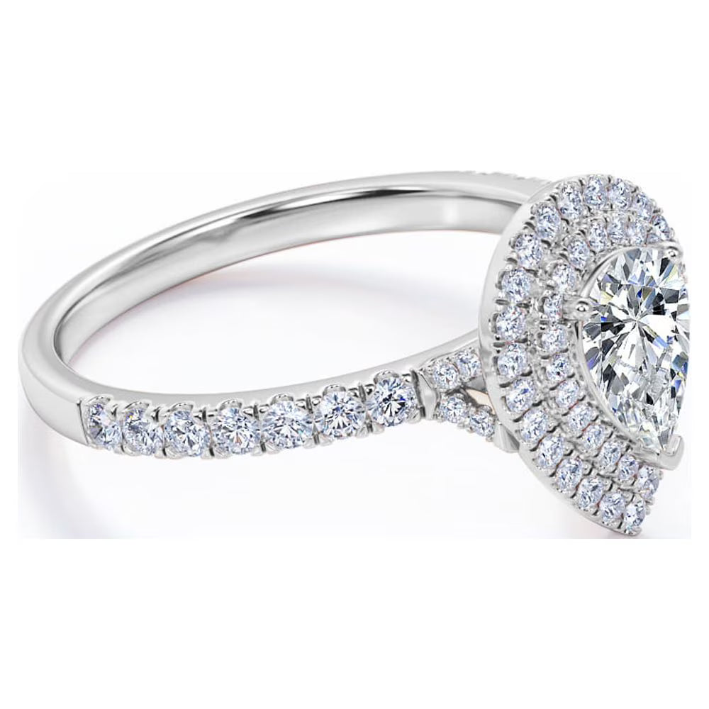 JeenMata Pave Style 1 Carat Pear-Shaped Moissanite Double Halo Cluster Engagement Ring in 18K White Gold Plating for Women