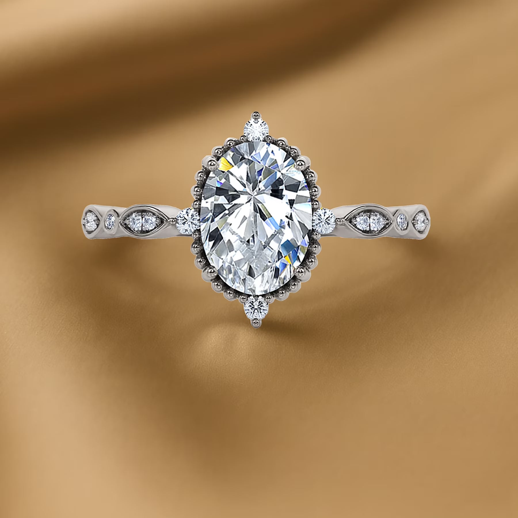 JeenMata 1.5 Carat Moissanite Oval Shape - Vintage Filigree Bezel 5-Stone Milgrain Decorative Engagement Ring In 18K White Gold Plating for Women