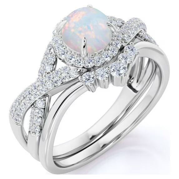 JeenMata 1 Carat Vintage Round Cut Blue Lab Created Opal and Moissanite Wedding Ring Set in 18K White Gold Plating for Women