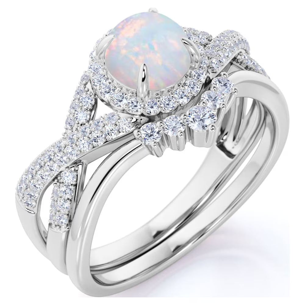 JeenMata 1 Carat Vintage Round Cut Blue Lab Created Opal and Moissanite Wedding Ring Set in 18K White Gold Plating for Women