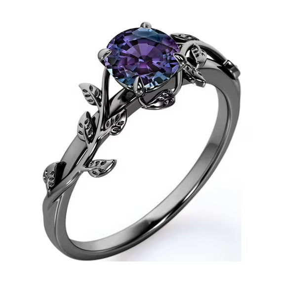 JeenMata 0.50 Carat - Round Cut Lab Created Alexandrite Ring - Leaf & Vine Engagement Ring - 18K Black Gold Plating for Women