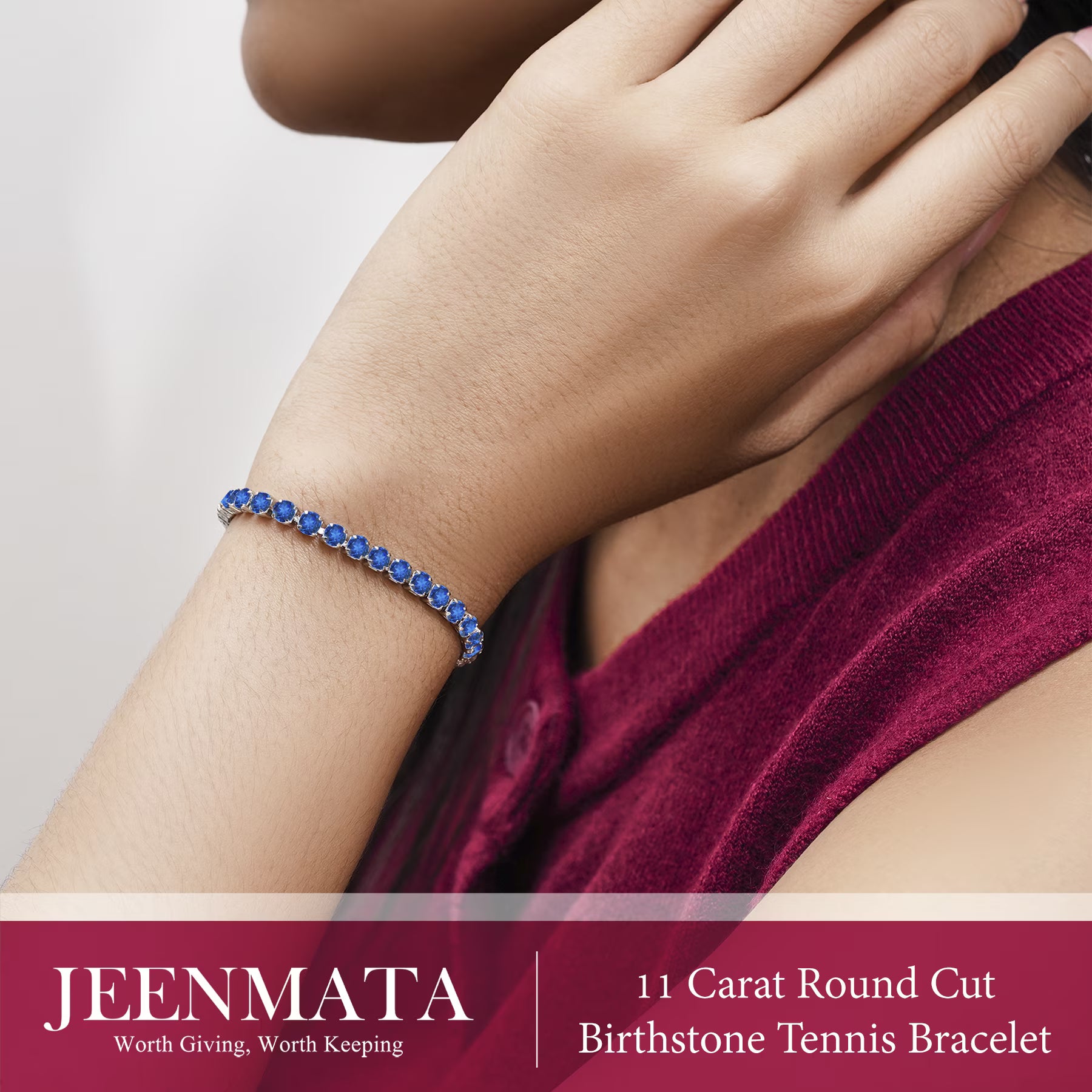 11 TCW Round Cut September - Blue Sapphire - Birthstone Tennis Bracelet for Women in Eternity Design - White Gold Plating, Female, Adult