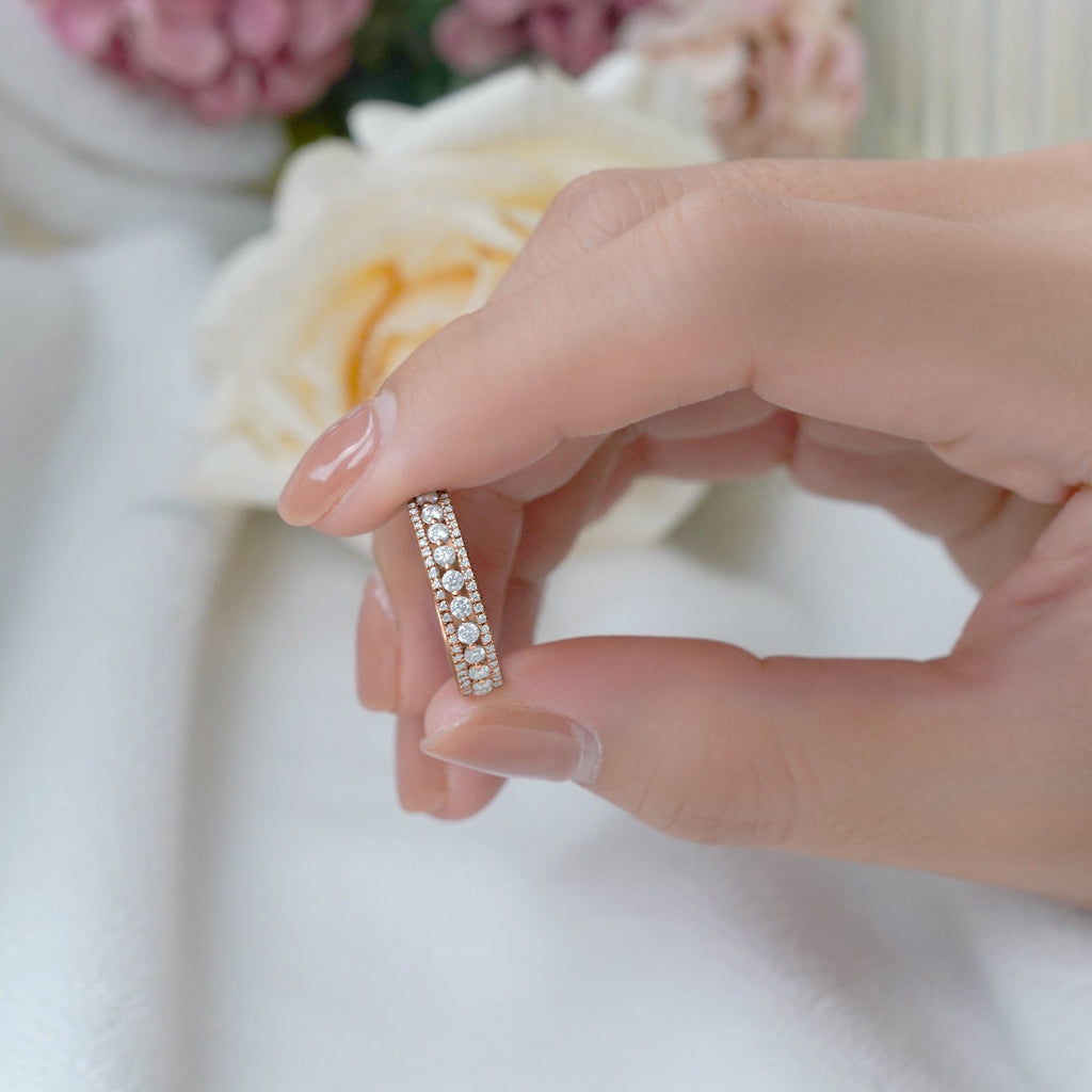 JeenMata Double Pave - 0.75 Carat Round Brilliant Cut Moissanite - Eternity Anniversary Ring - 18K Rose Gold Plating for Women