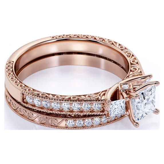 JeenMata 1.25 ct - Princess Cut Moissanite - Pave - Three Stone Ring - Victorian Style - Vintage Wedding Ring Set in 18K Rose Gold Plating for Women