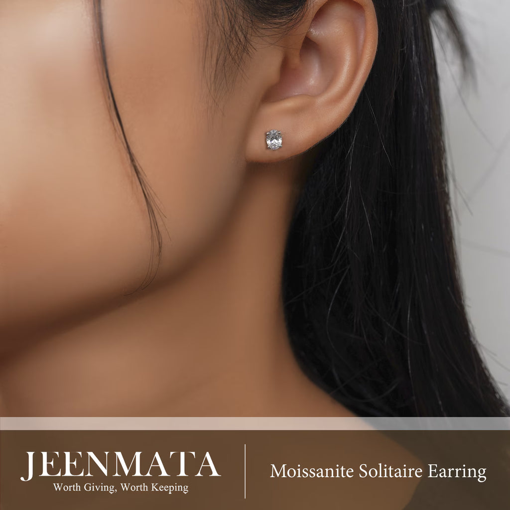 JeenMata 4 Prong 0.5 Carat Oval Cut Moissanite Solitaire Stud Earrings in 18k White Gold Plating for Women