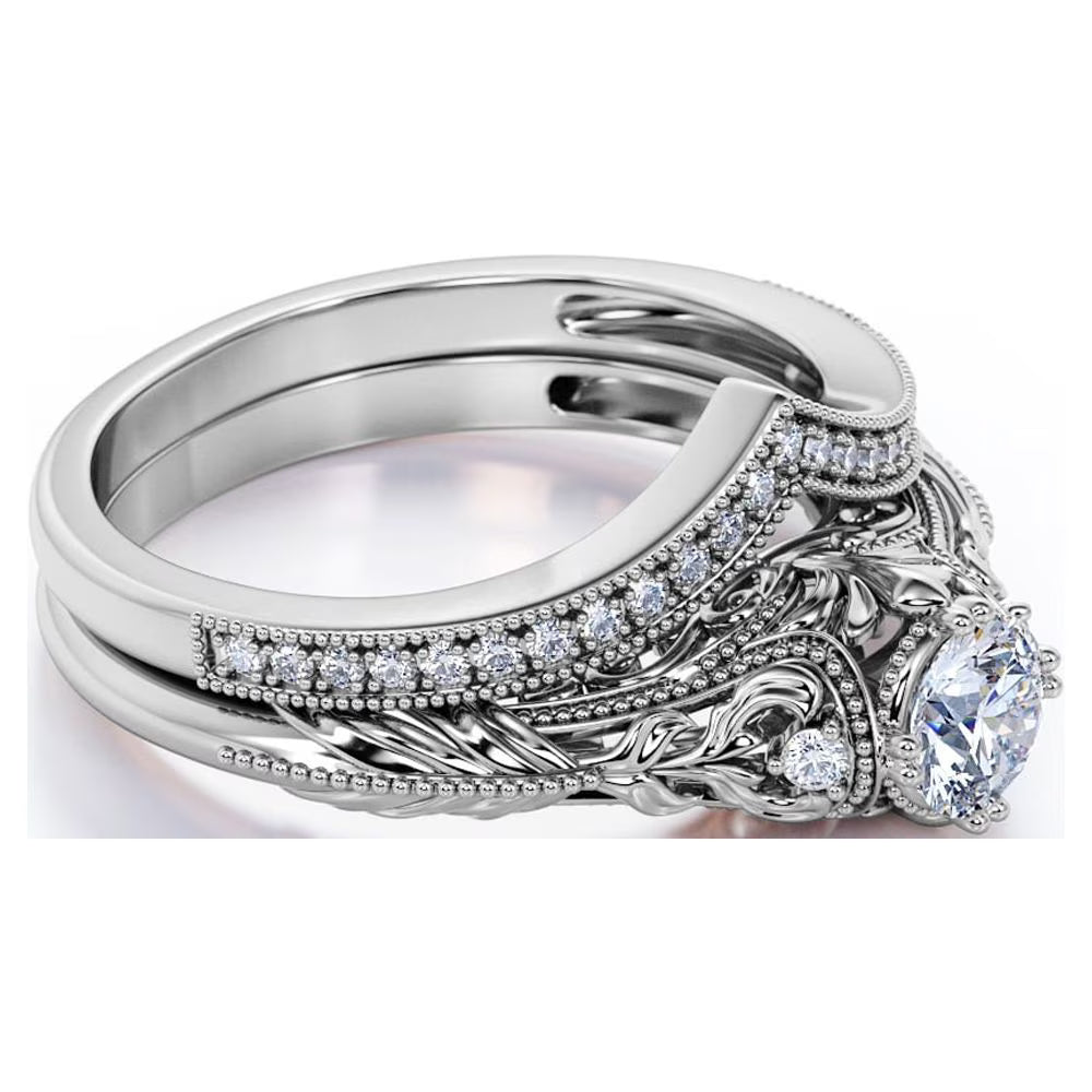 JeenMata Engraved 0.75 Carat Round Cut Lab Grown Diamond Victorian-Inspired Wedding Ring Set with Chevron Wedding Band in 10k White Gold